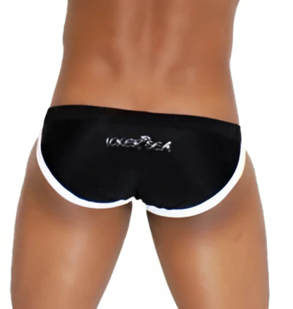 Black icker sea micro slip bikini swimwear briefs with white trim and silver vixen logo embroidery