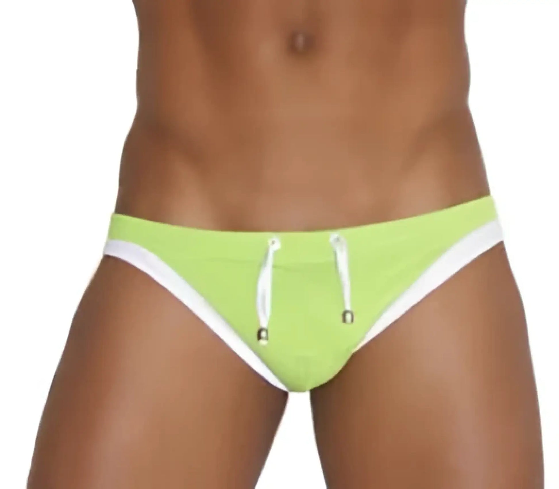 Bright lime green icker sea contrast trim micro slip bikini swimwear with white trim and drawstring for swimming