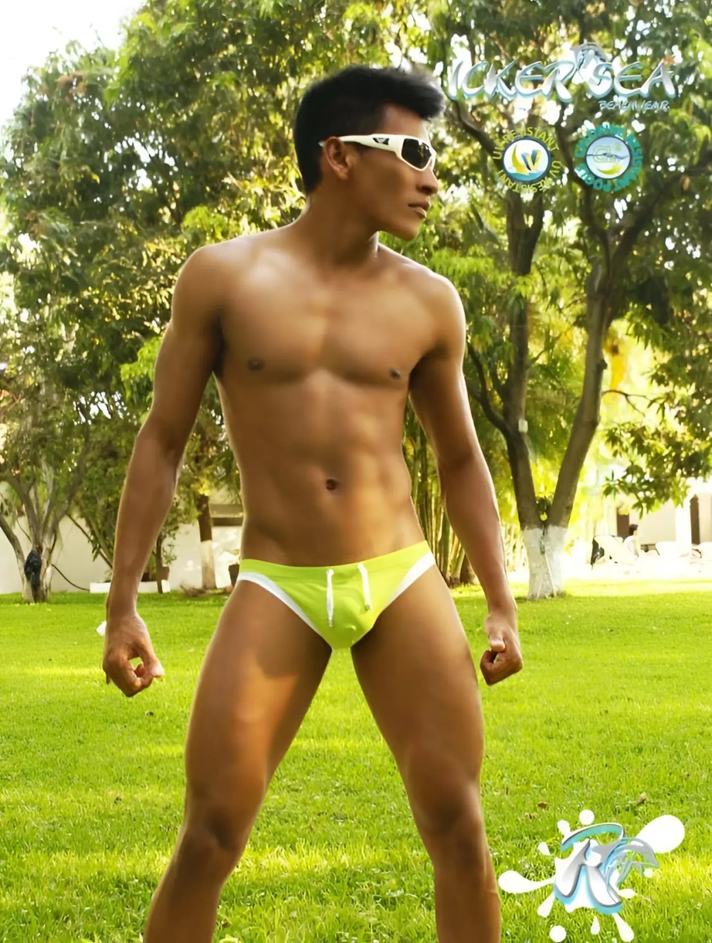Bright lime green icker sea contrast trim micro slip bikini swimwear with white trim and drawstrings for swimming