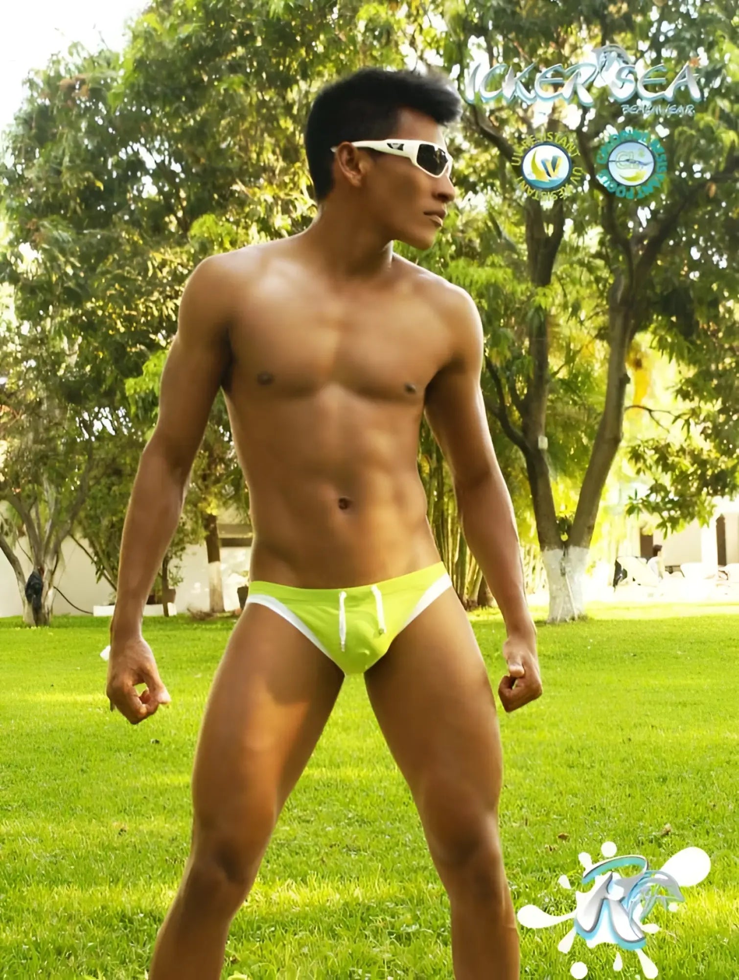 Bright lime green icker sea contrast trim micro slip bikini swimwear with white trim and drawstrings for swimming
