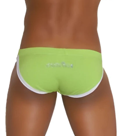 Icker Sea contrast trim micro slip bikini swimwear in lime green with white trim and subtle waistband logo front view