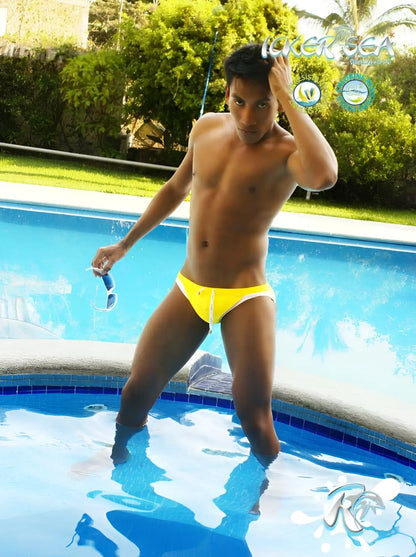Bright yellow icker sea micro slip bikini swimwear with white contrast trim for swimming and beachwear