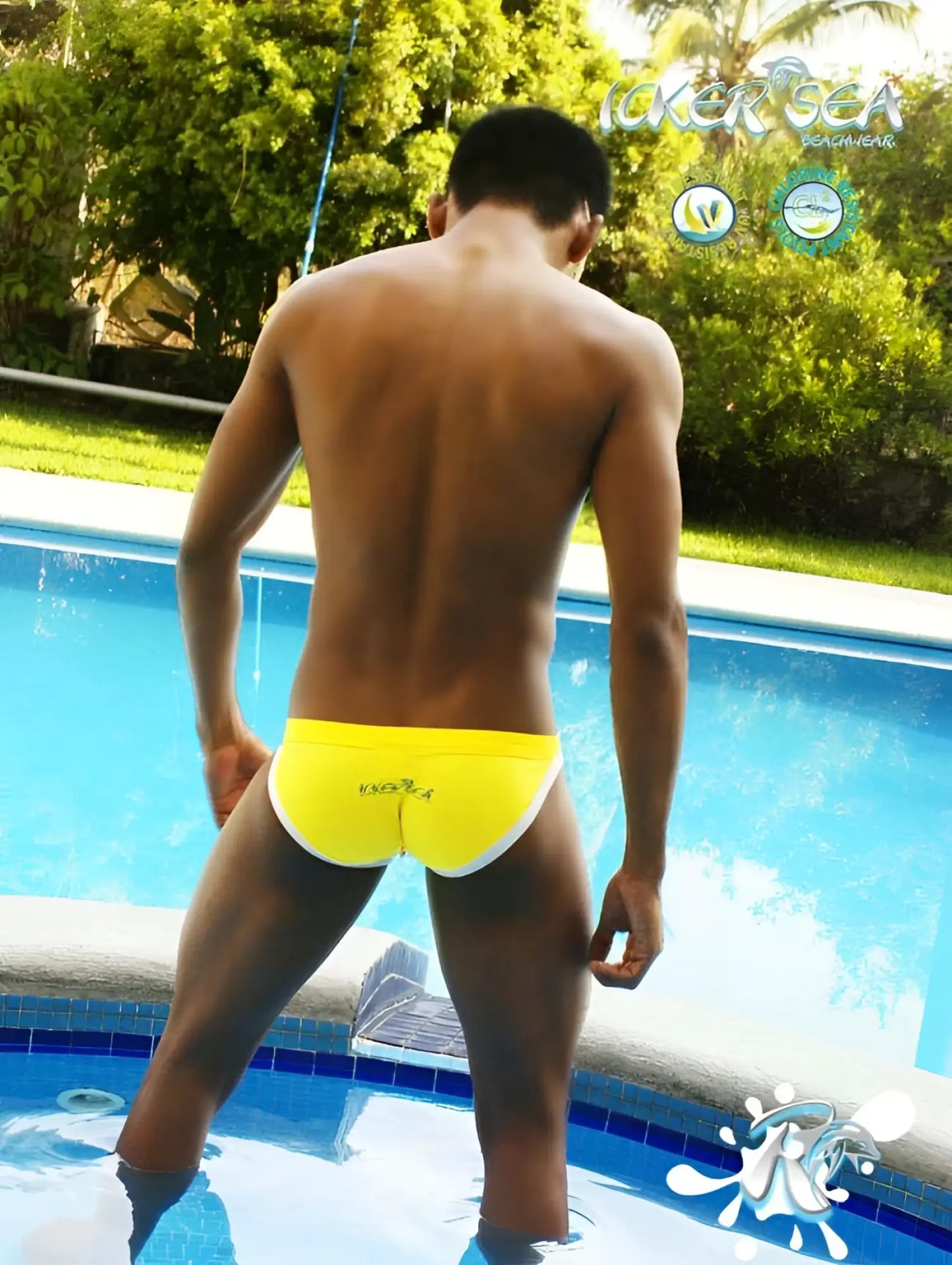 Bright yellow icker sea contrast trim micro slip bikini swimwear back with white trim and subtle exo logo mango white