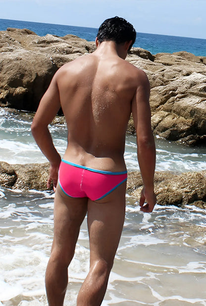 Icker sea contrast trim mini brief bikini swimwear in bright pink with light blue trim for swimming and beachwear