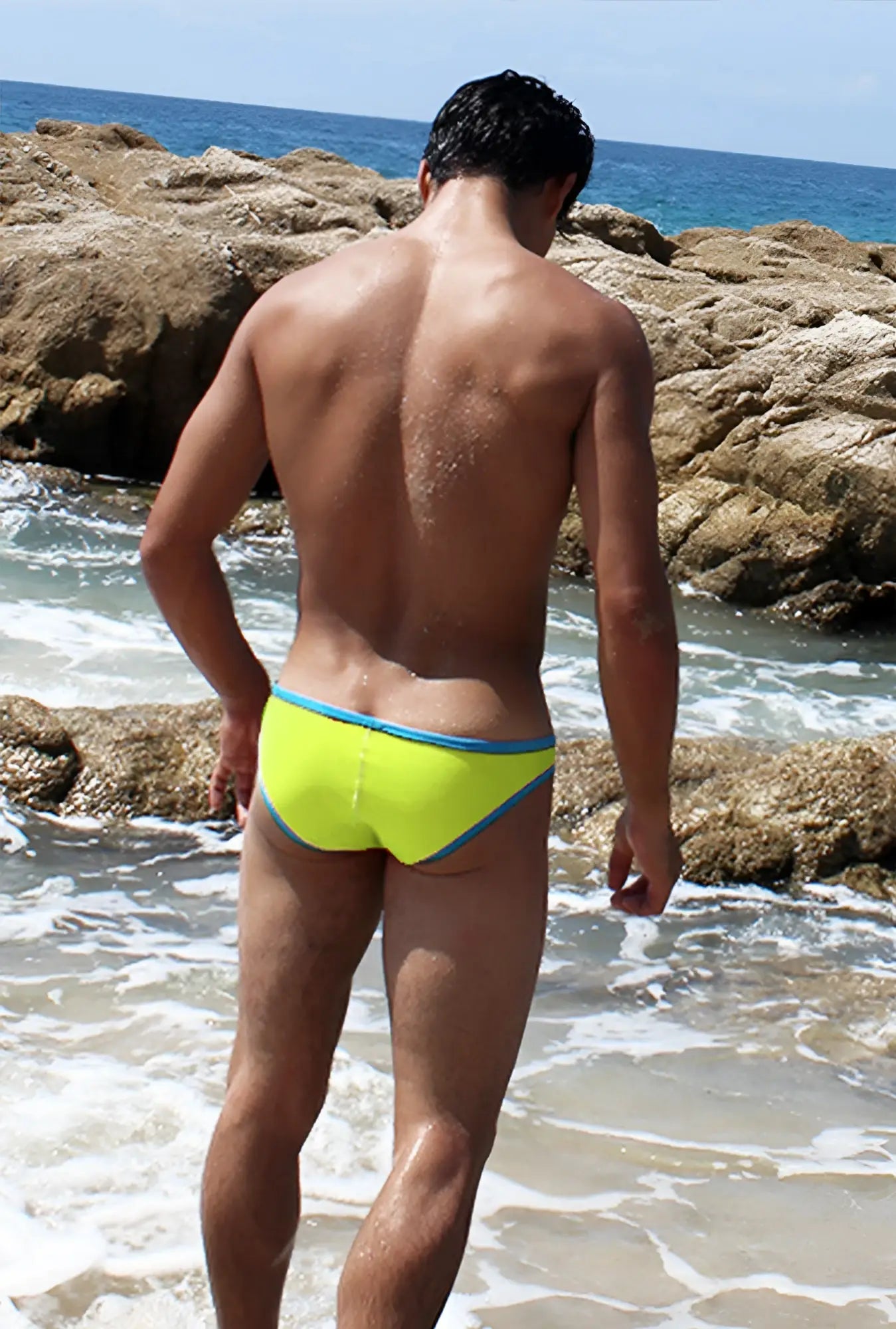 Bright neon yellow icker sea contrast trim mini brief bikini swimwear with blue trim for swimming and beachwear