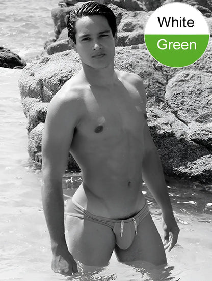 Icker Sea white and green mini brief bikini swimwear with contrast trim and drawstring waistband for swimming