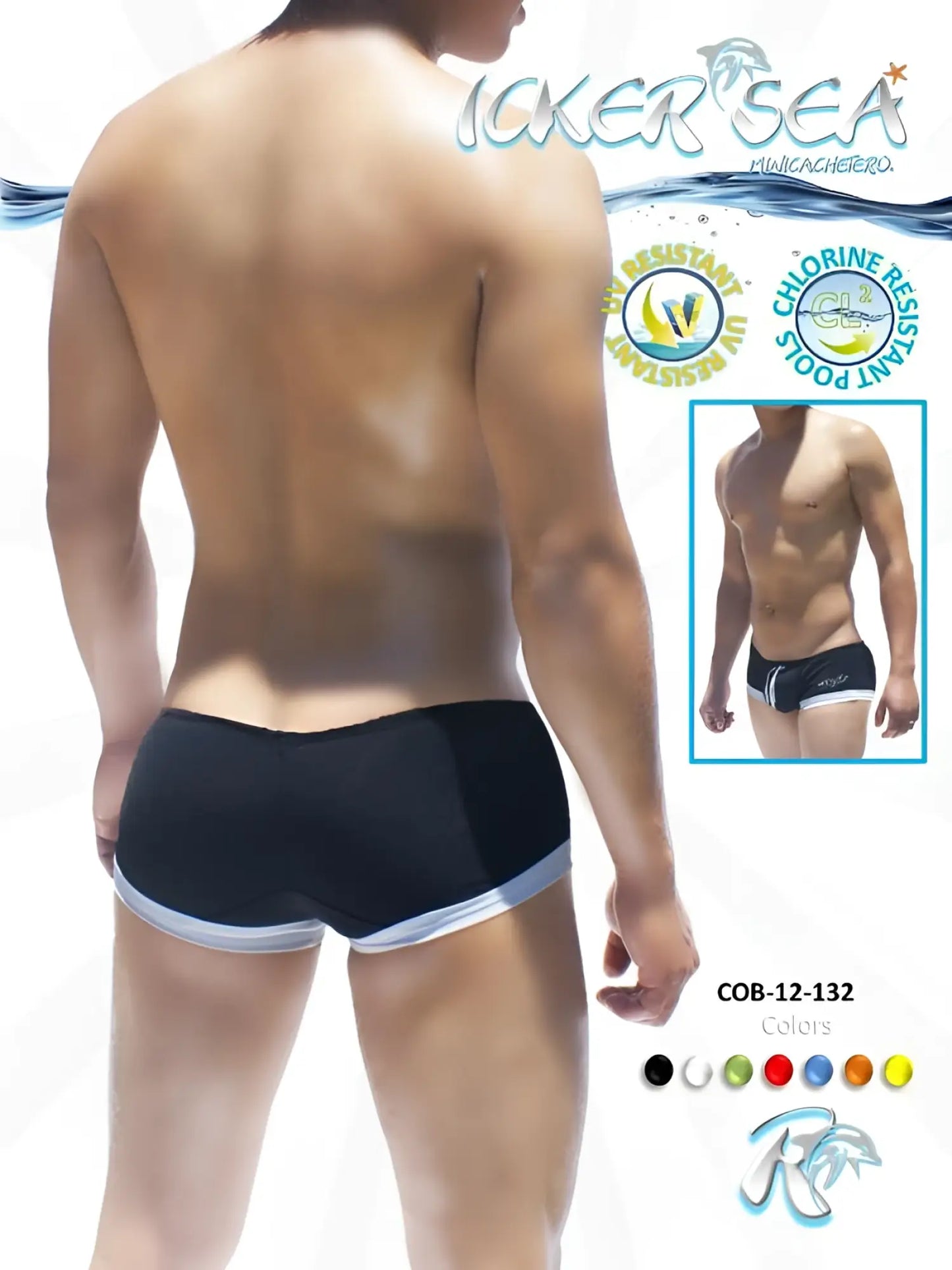 Black icker sea contrast trim mini square cut trunk swimwear with white trim featuring a sleek modern design