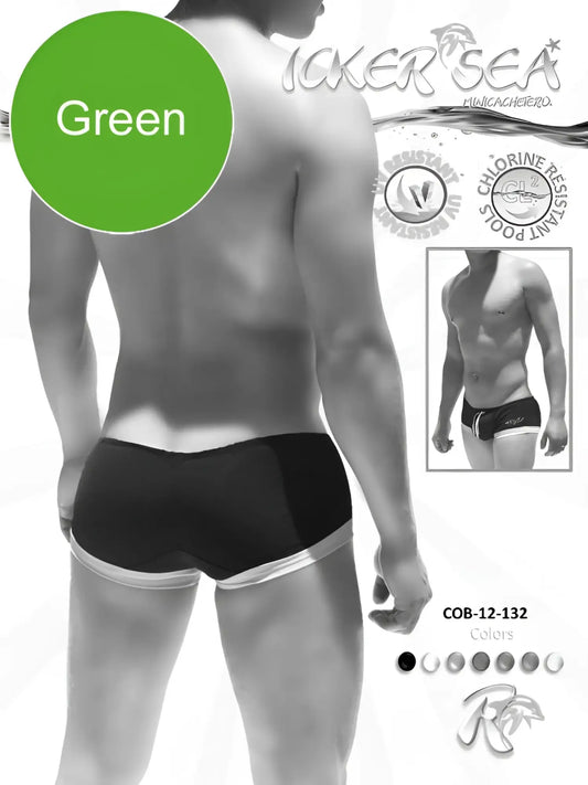 Black icker sea mini square cut swim trunks with white trim and green color option labeled cob 12 132