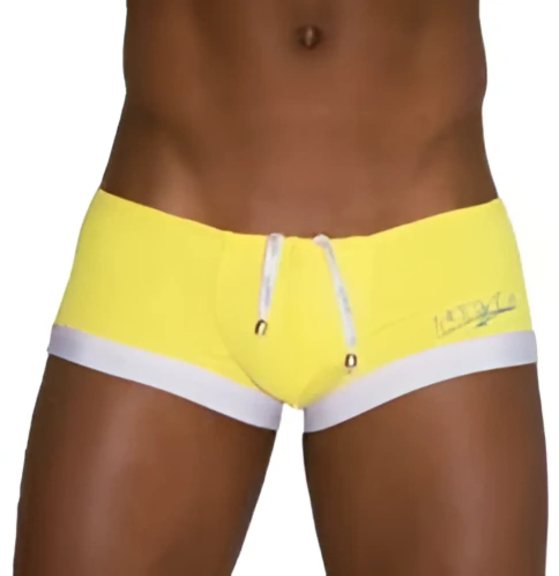 Icker Sea contrast trim mini square cut trunks in bright yellow with white trim and drawstring waistband for swimwear