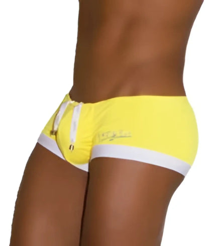Icker sea bright yellow mini square cut swim trunks with white trim and drawstring waistband for swimming