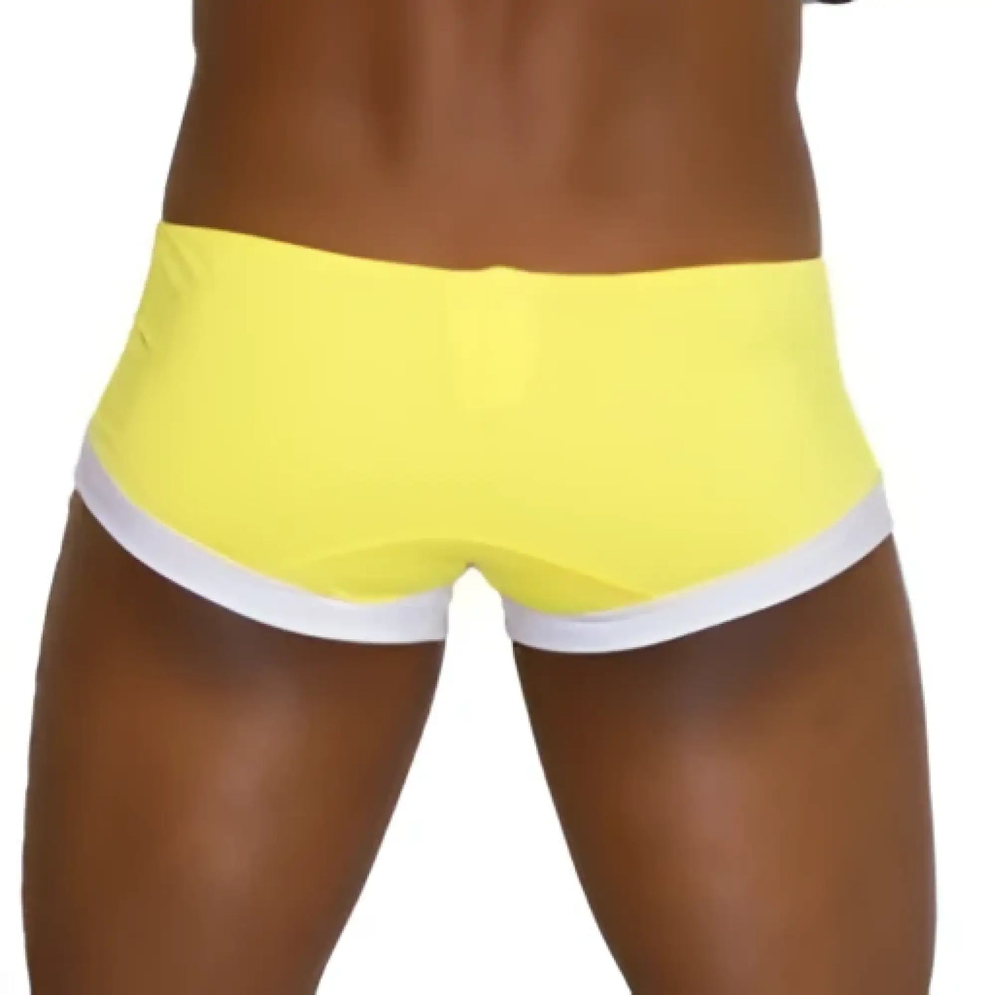 Icker Sea mango bright yellow swim trunks with white contrast trim along waistband mini square cut swimwear