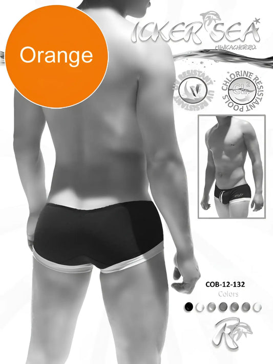 Icker Sea contrast trim mini square cut trunk swimwear in orange with black and white trim for swimming and beach use