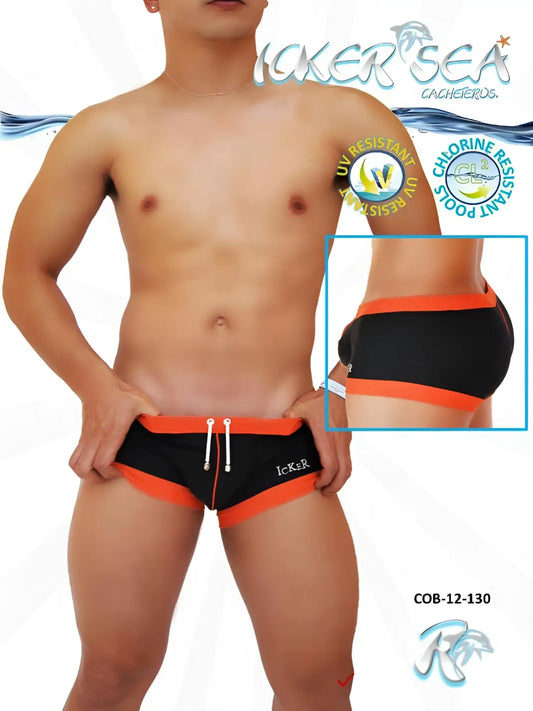 Black and orange icker sea contrast trim square cut trunk swimwear with white drawstrings and logo on left leg