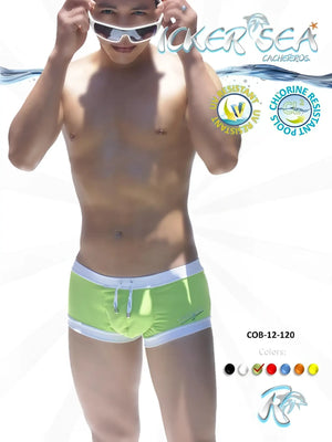Icker sea contrast trim square cut swim trunks in bright lime green with white trim and drawstring for swimming