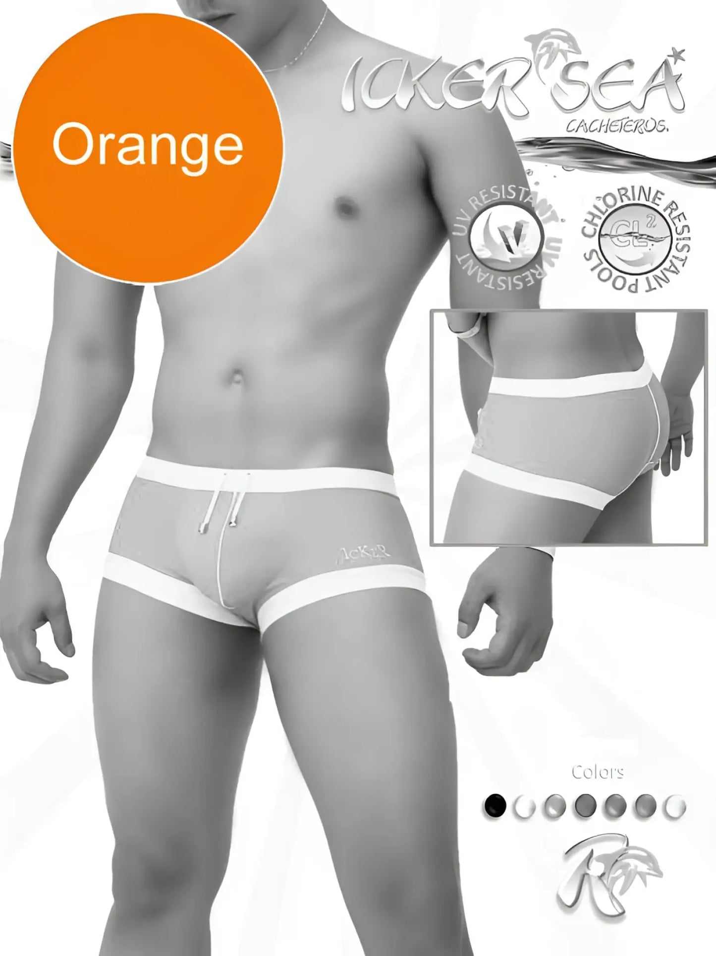 Icker sea orange men’s square cut swim trunks with white trim and drawstring waistband for swimwear COB-12-120