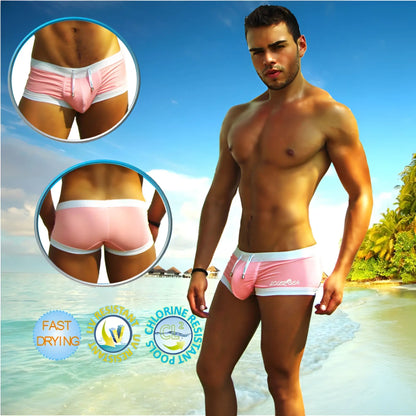 Icker Sea contrast trim square cut trunk swimwear in pink with white trim and zipper detail for swimming