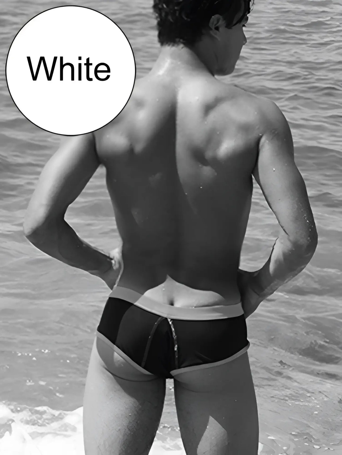 White swim trunks with contrasting dark panel and trim from icker sea cheeky mini bikini swimwear black white cob 15 39