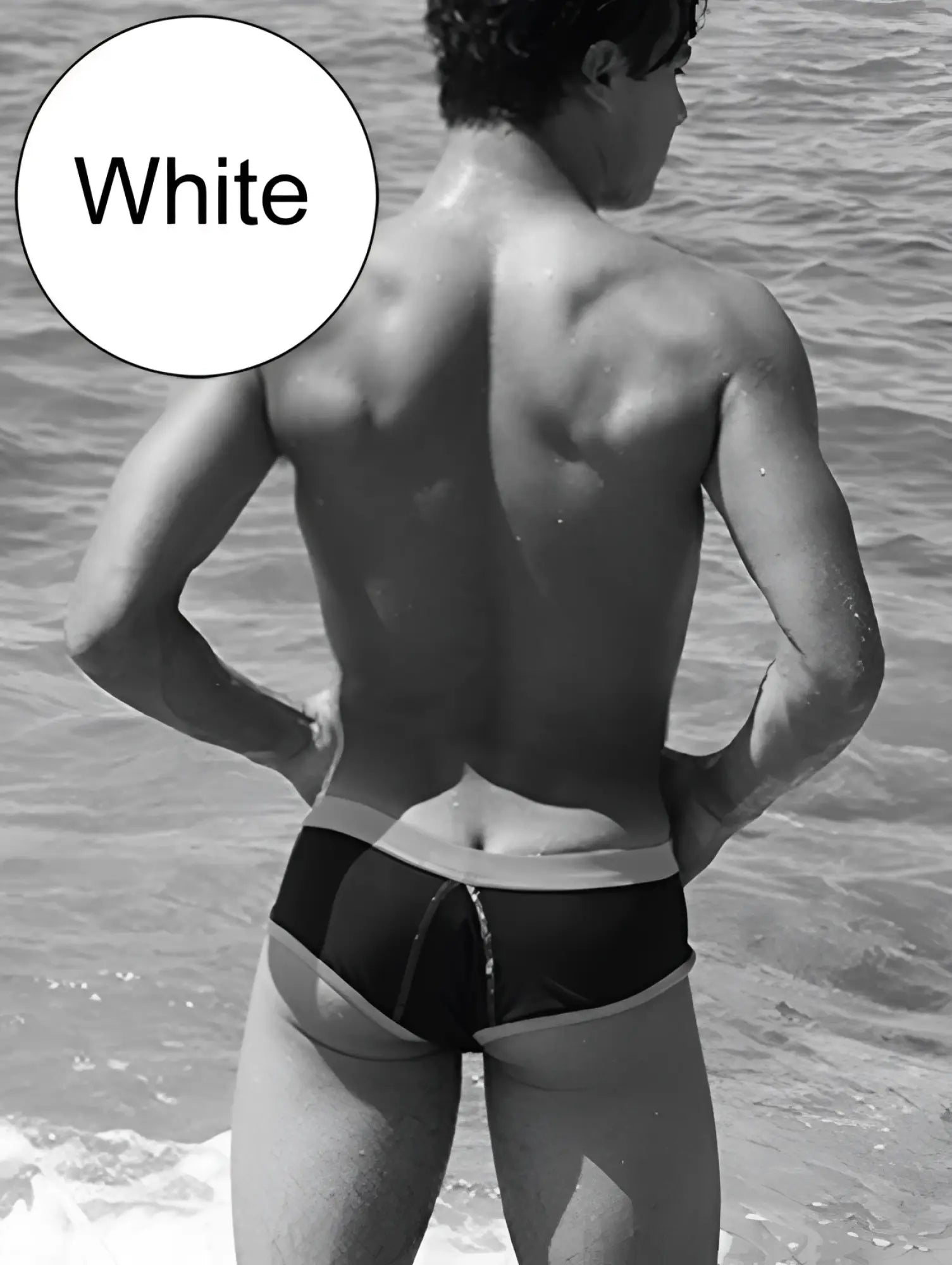 White swim trunks with contrasting dark panel and trim from icker sea cheeky mini bikini swimwear black white cob 15 39