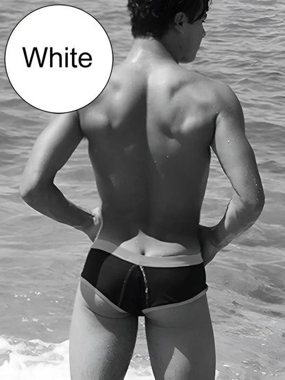 White swim trunks with contrasting dark panel and trim from icker sea cheeky mini bikini swimwear black white cob 15 39