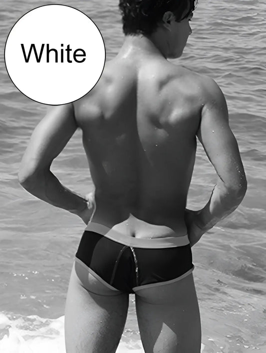 White swim trunks with contrasting dark panel and trim from icker sea cheeky mini bikini swimwear black white cob 15 39