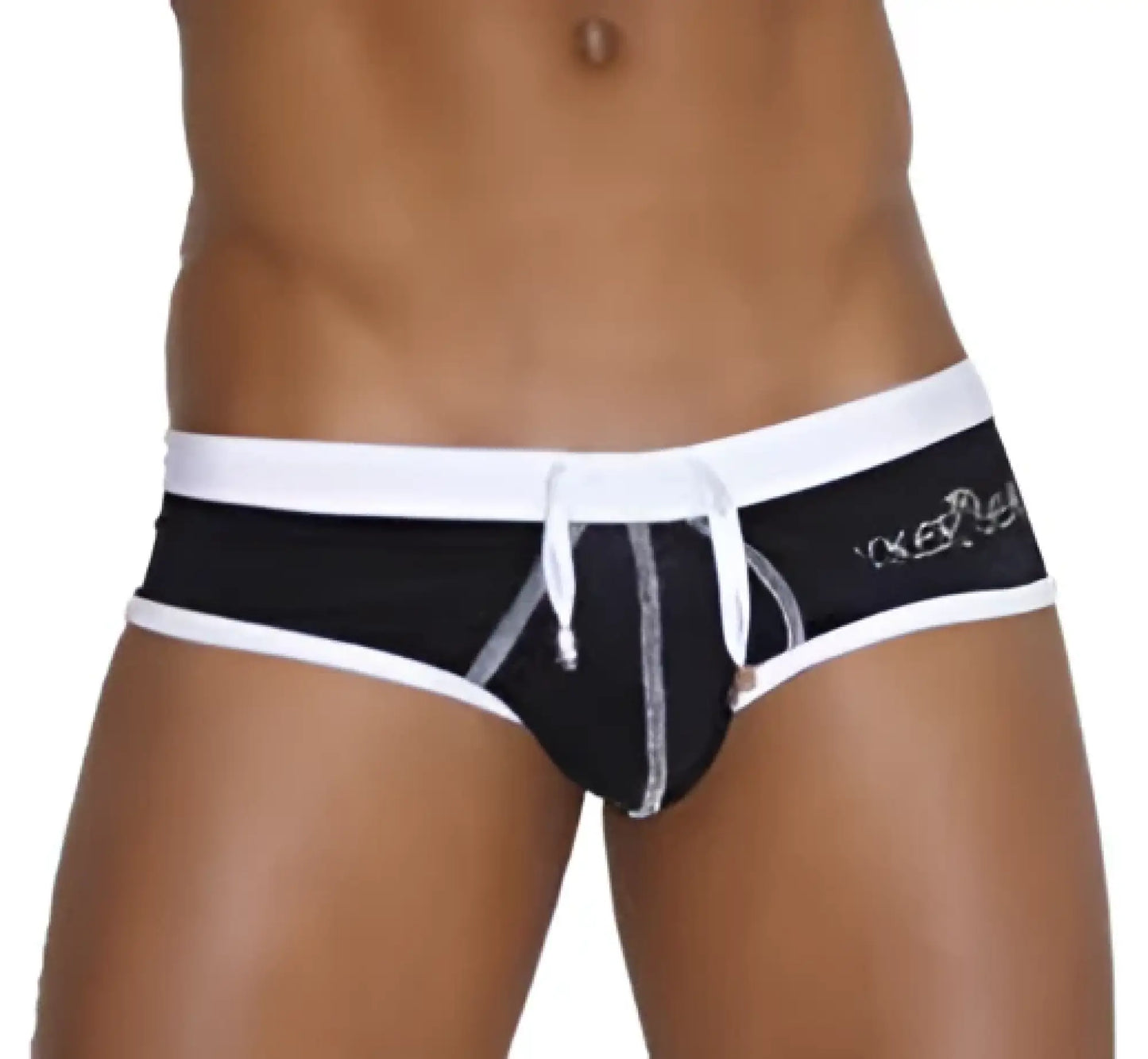 Black and white cheeky mini bikini swimwear with contrast trim and stitching and drawstring waistband by icker sea