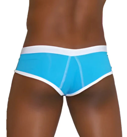 Bright blue Icker Sea cheeky mini bikini swim briefs with white waistband and contrast trim for swimwear COB-13-27