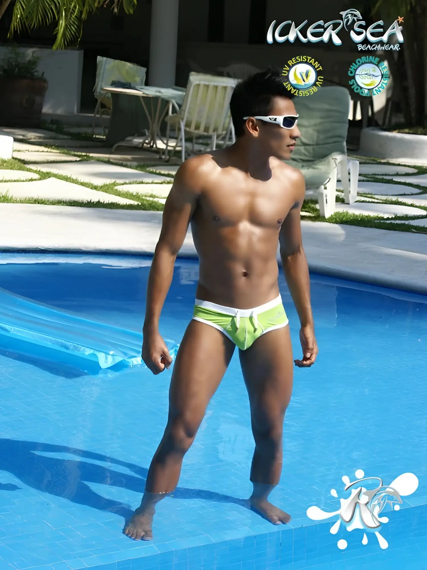 Bright lime green icker sea cheeky mini bikini swimwear with white waistband and front pouch contrast trim and stitching