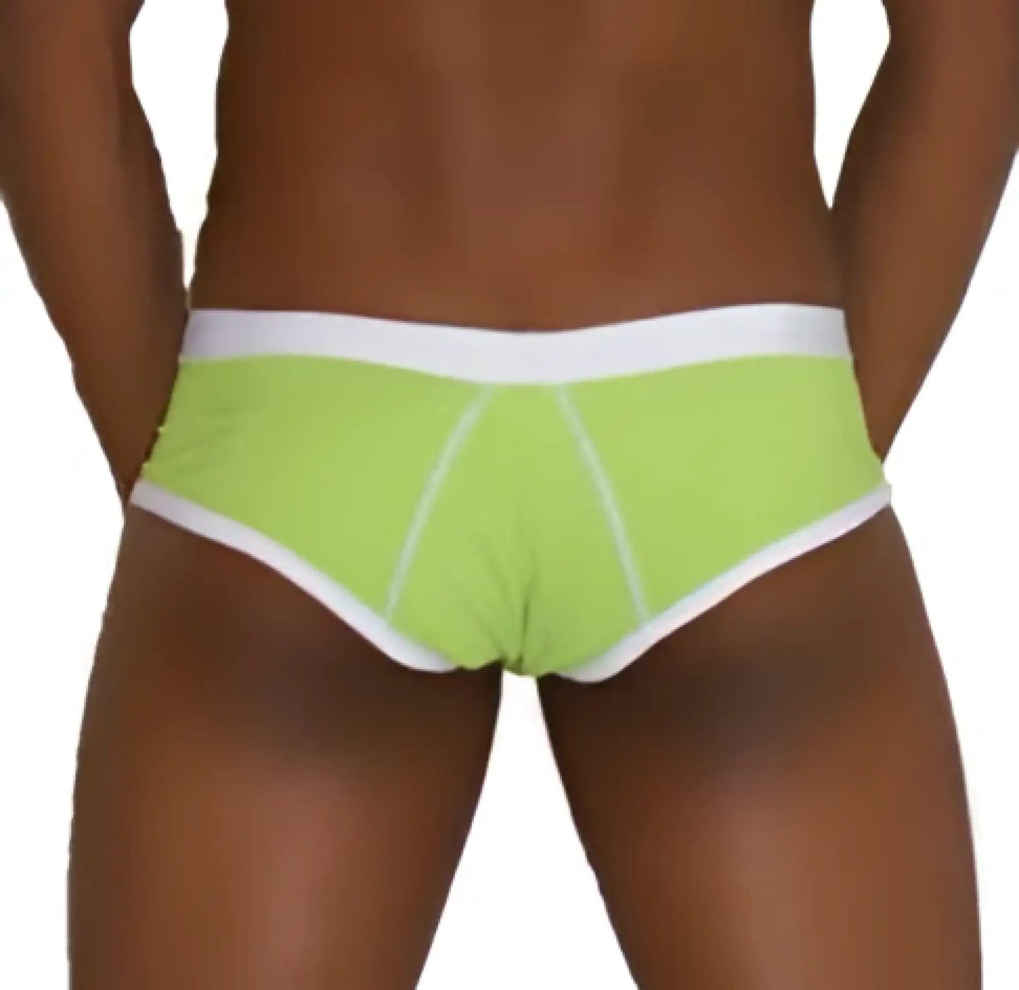 Icker Sea contrast trim and stitching cheeky mini bikini swimwear lime green briefs with white trim front view