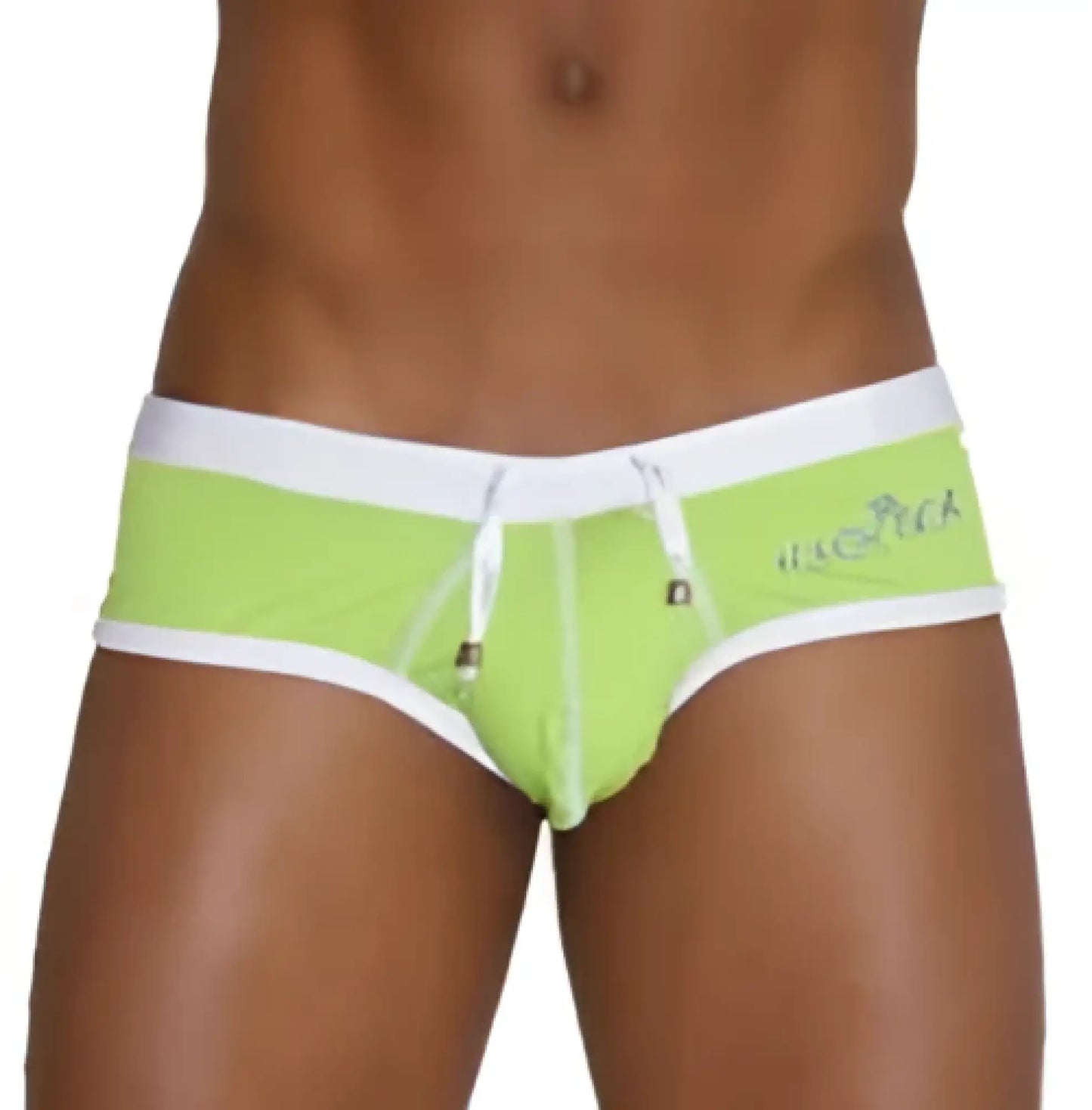 Icker sea lime green and white cheeky mini bikini swimwear with contrast trim stitching and drawstring waistband