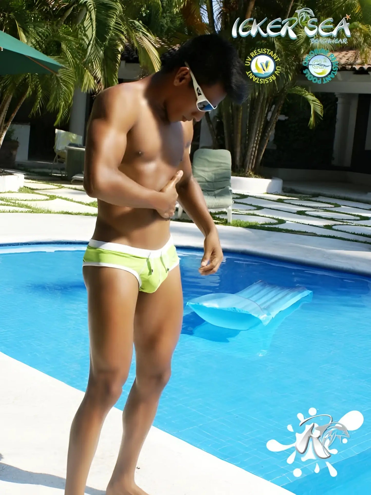 Bright lime green icker sea cheeky mini bikini swimwear with white trim and zipper detail front view