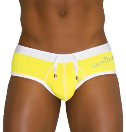 Bright yellow icker sea cheeky mini bikini swimwear with white trim and drawstring waistband for swimming