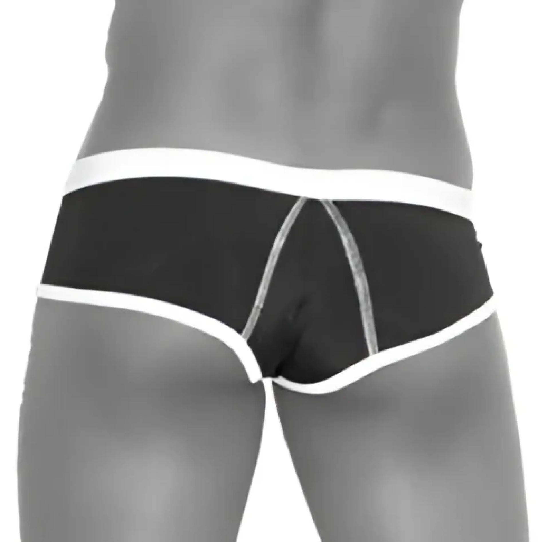 Black cheeky mini bikini briefs with white contrast trim and stitching details for swimwear use