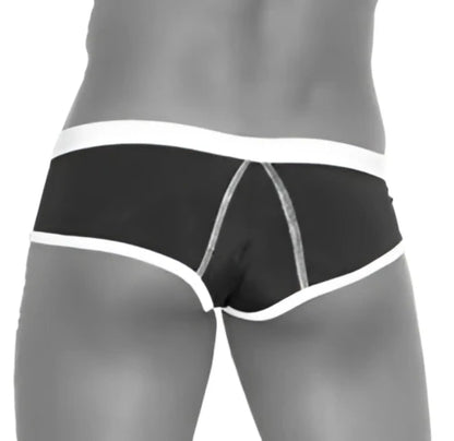 Black cheeky mini bikini briefs with white contrast trim and stitching details for swimwear use