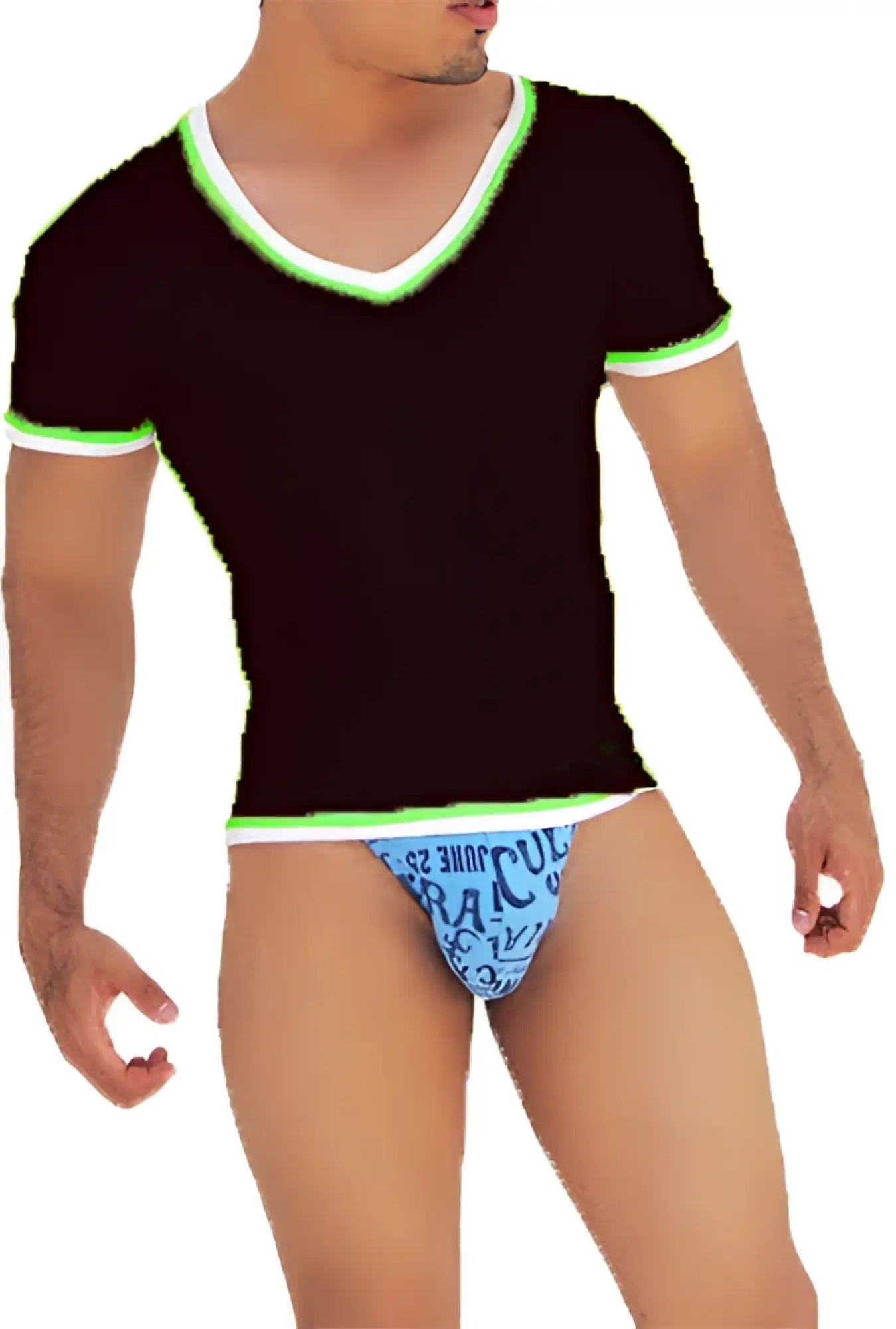 Black v neck t shirt with neon green and white contrast trim short sleeves casual wear from icker sea