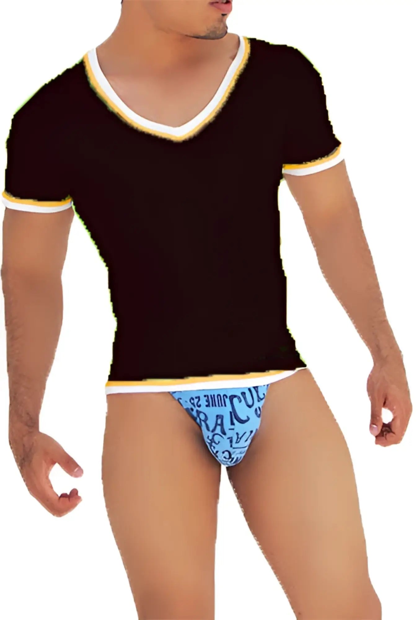 Black icker sea v neck short sleeved t shirt with white and yellow contrast trim and matching cuffs