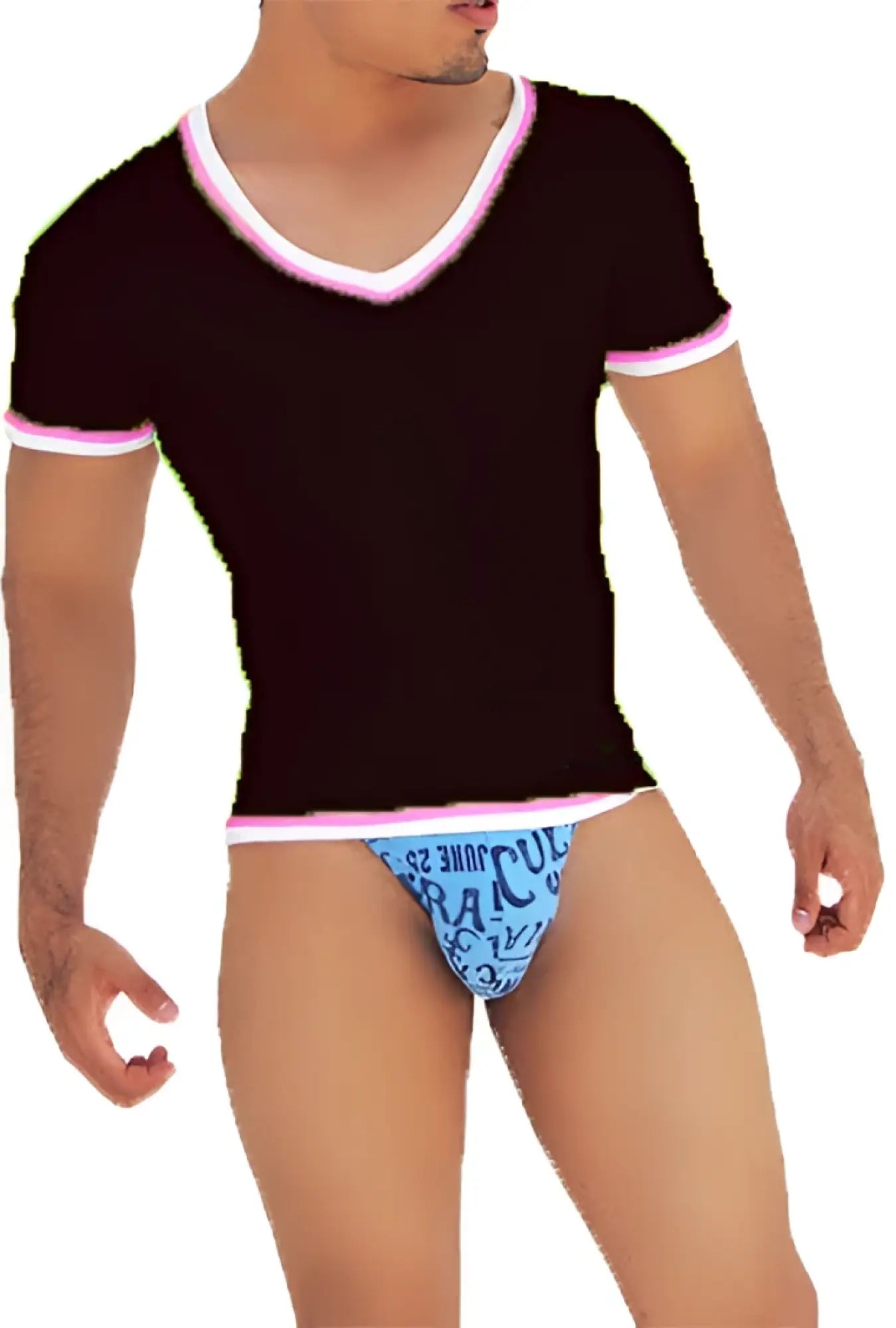 Black icker sea v neck short sleeved t shirt with pink trim paired with light blue patterned briefs