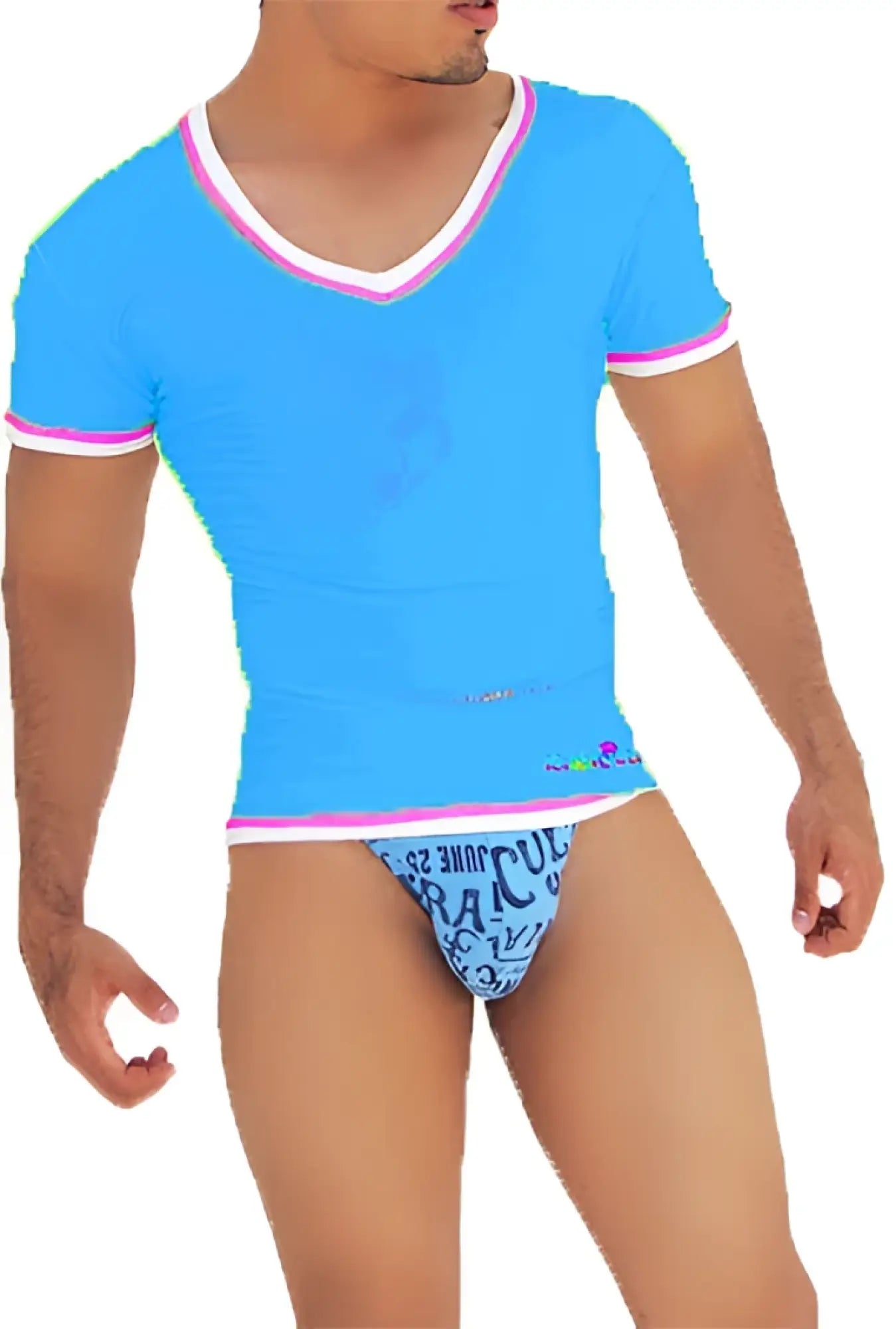 Bright blue icker sea contrast trim v neck short sleeved t shirt with pink neckline and sleeve cuffs and subtle hem print
