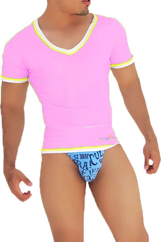 Icker Sea pink v neck short sleeved t shirt with white and yellow trim casual lightweight cotton blend fabric