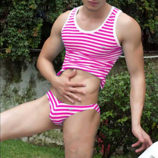 Icker Sea Sailor Stripe Matching Tank Top & Bikini Set Fuchsia COR-22-01