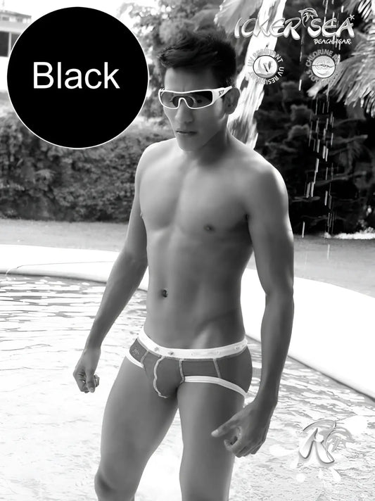 Black icker sea cord bikini swim trunks with white contrast trim and subtle logo on waistband for swimwear use