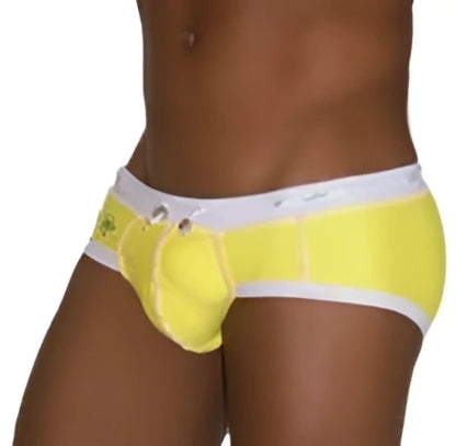Bright yellow icker sea cord contrast trim and stitching bikini swimwear with white trim and waistband logo in mango white