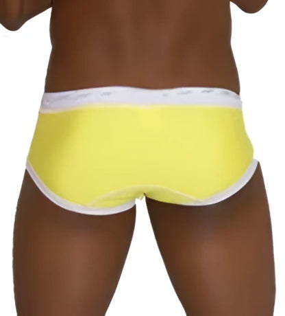 Bright yellow icker sea cord contrast trim bikini swimwear briefs with white elastic waistband in mango and white