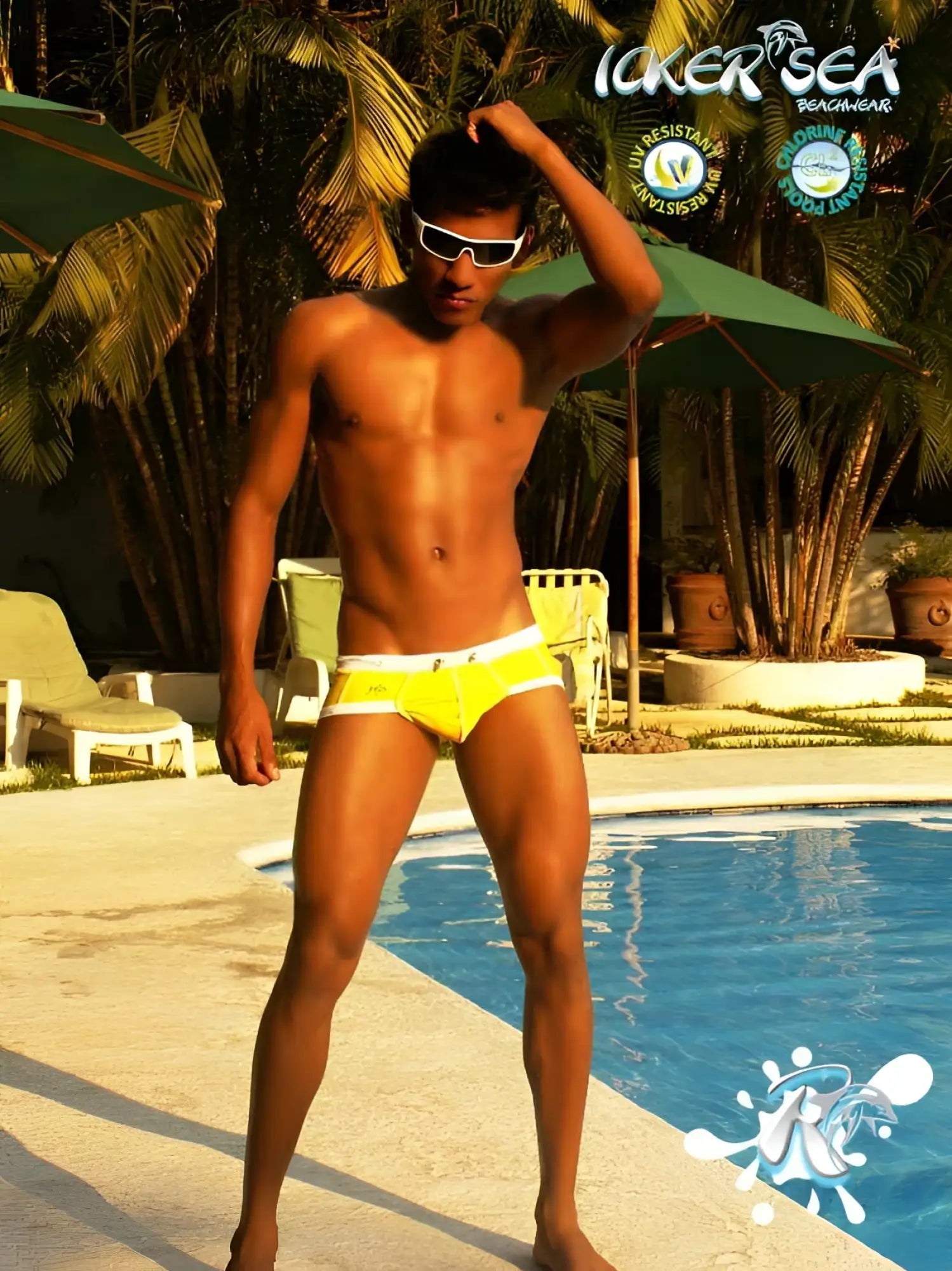 Bright yellow icker sea cord swim trunks with white trim and contrast stitching for beach and pool use