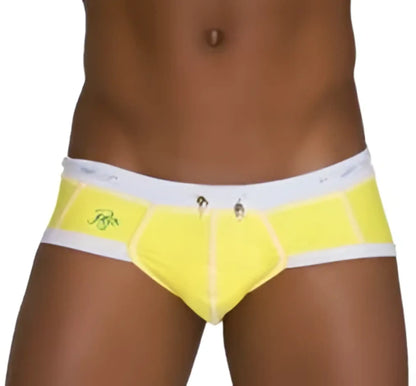 Bright yellow icker sea cord contrast trim men’s bikini swimwear briefs with white waistband and subtle logo detailing