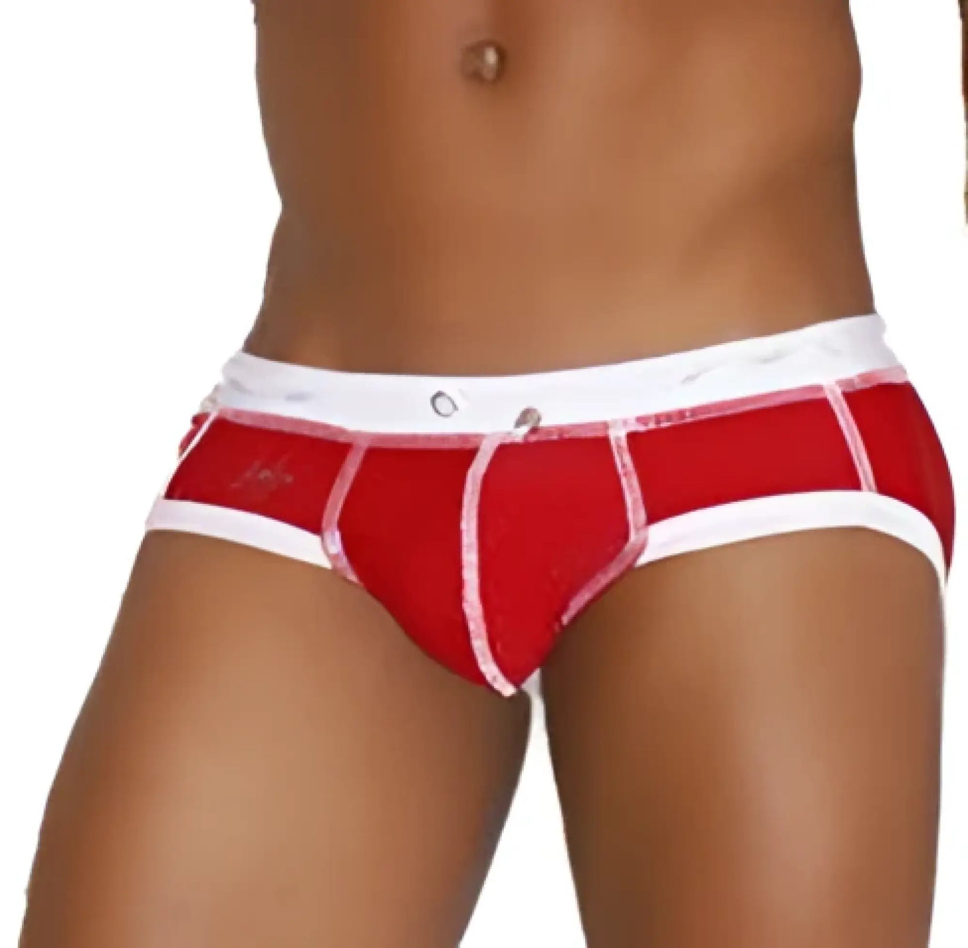 Icker sea cord contrast trim bikini swimwear red and white briefs with snug fit and white waistband front view