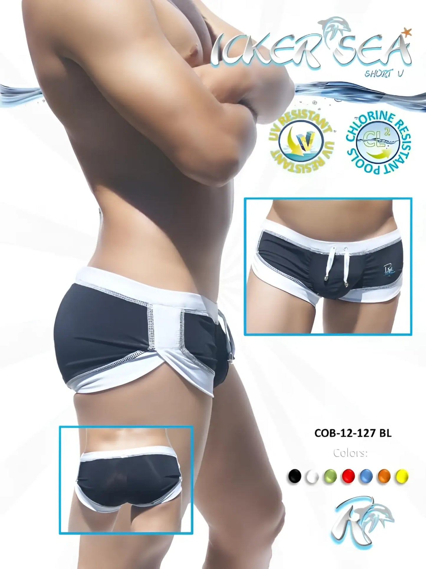 Icker Sea Curved Hemline U Shorts square cut trunk swimwear in black with white contrasting panels and drawstring waistband