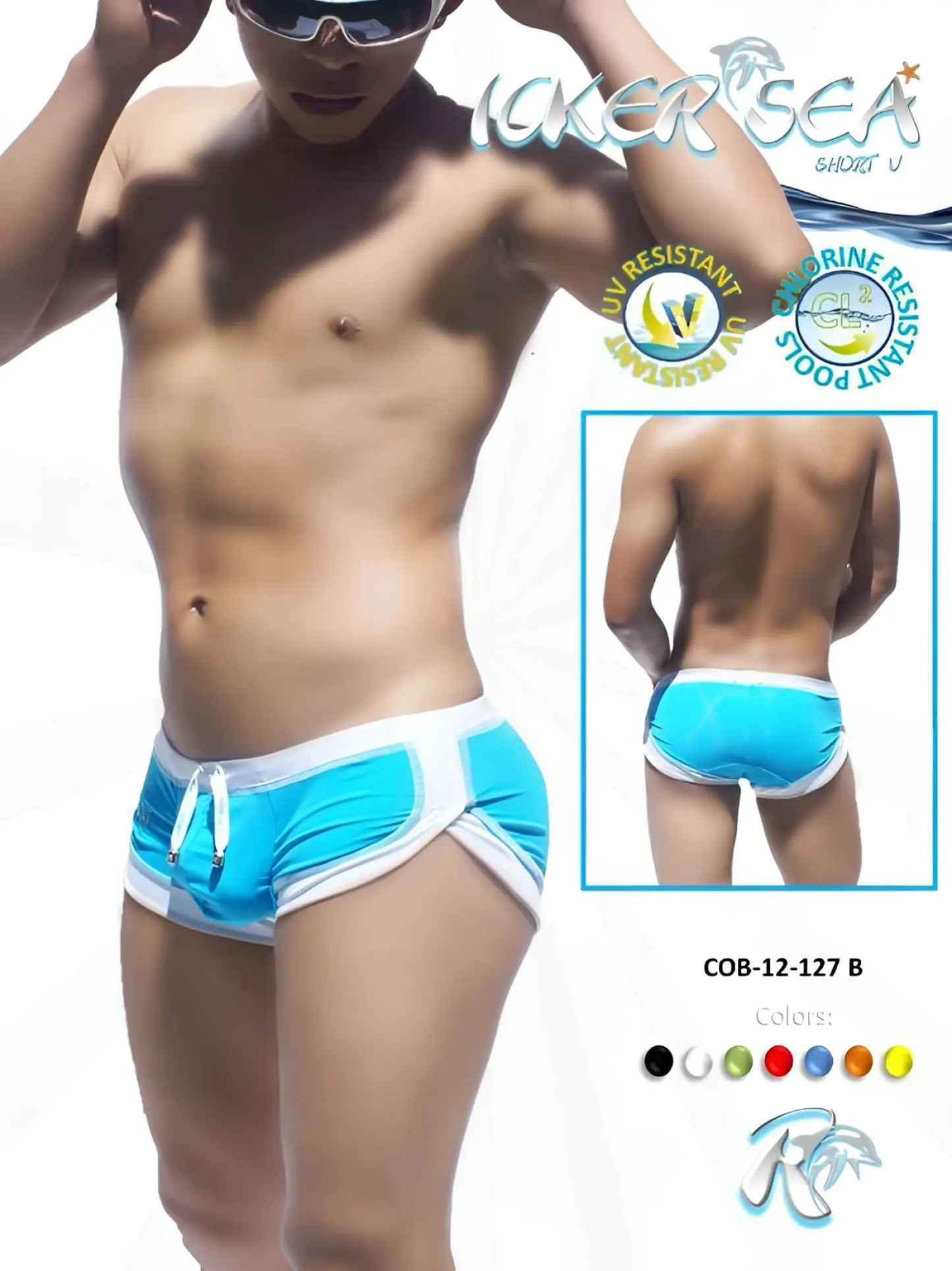 Icker Sea curved hemline u shorts square cut trunk swimwear in bright blue and white with turquoise side panels