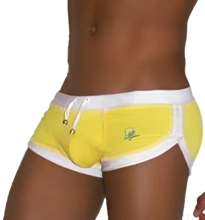 Bright yellow icker sea curved hemline swim trunks with white trim and logo on left leg for beachwear