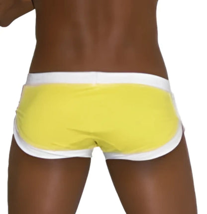 Bright yellow icker sea curved hemline u shorts square cut trunk swimwear with white trim for beach use