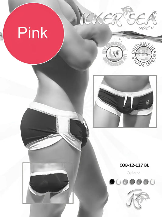 Icker Sea curved hemline U shorts square cut swim trunks in pink and black with white trim for swimwear use